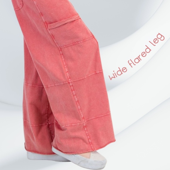 EASEL "Perfect Cargo Lux" Terry Knit Mineral Washed Flared Leg Raw Hems & Seams - Picture 9 of 15